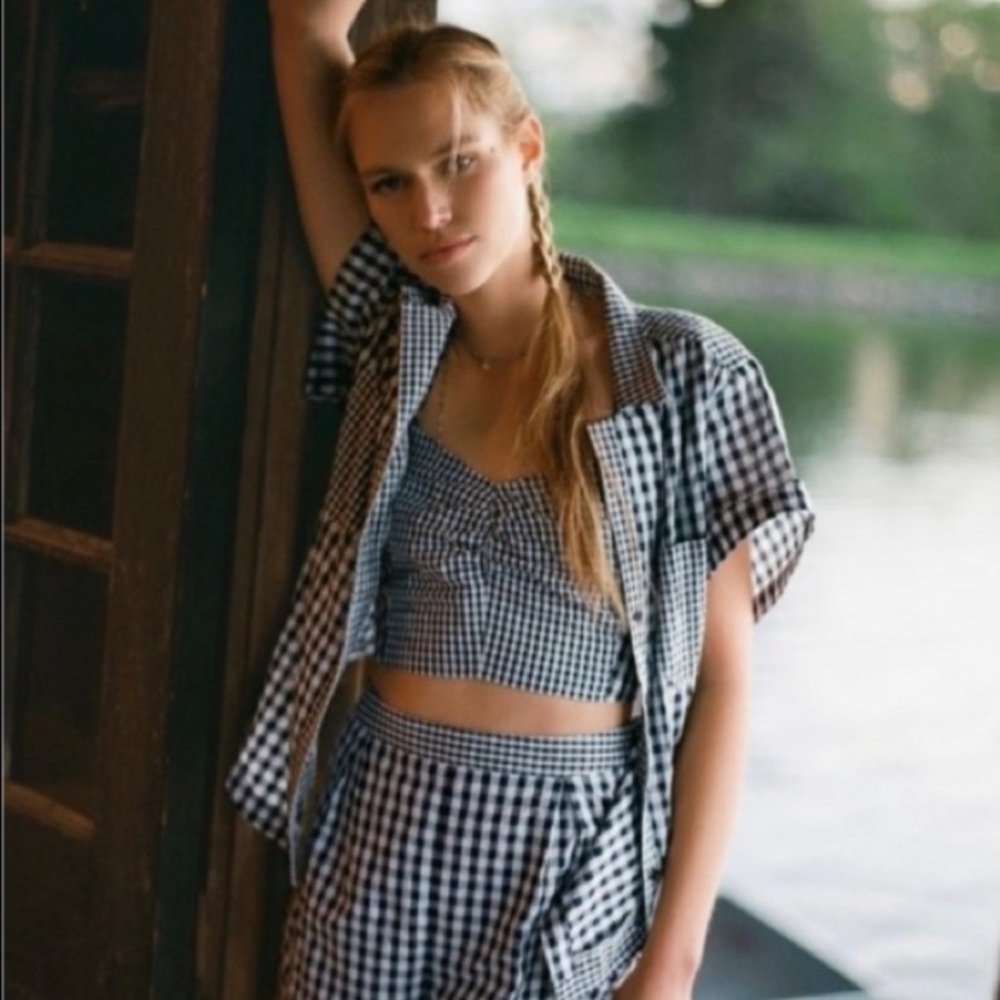 Anthropologie Maeve gingham 2 piece short set blouse and shorts size 0 new - Picture 1 of 4